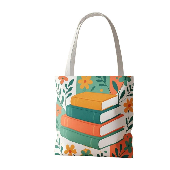 Bookish Floral Tote Bag – Illustrated Stack of Books Shopper, Cozy Reader Gift, Library Tote for Book Lovers, Aesthetic Book Bag