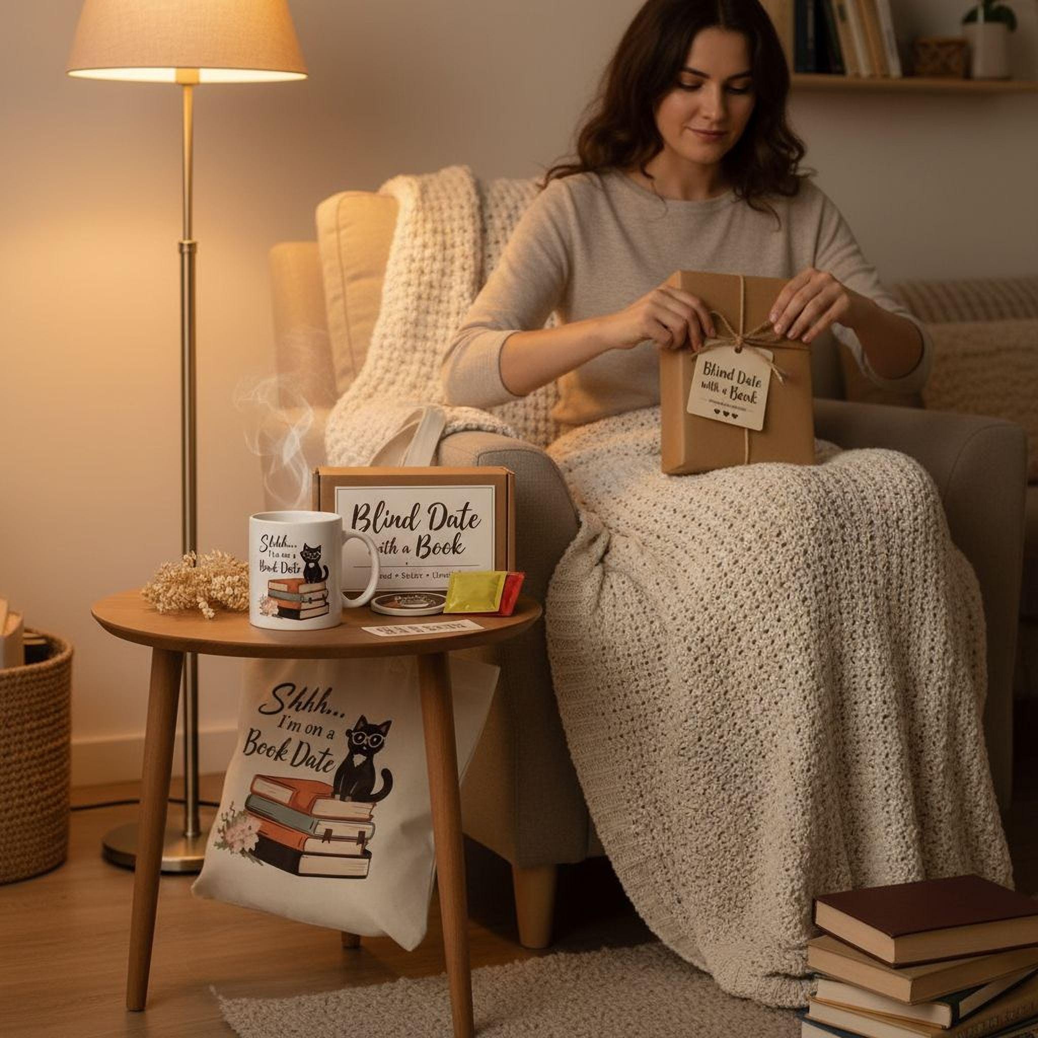 A woman sits on a couch, holding a book bag with a tag that says "Blind Date with a Book". She is surrounded by various books and a mug with a cat design.