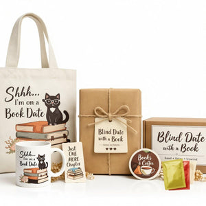 a collection of items related to the theme of "Blind Date with a Book", including a book, a book bag, a gift box, and some other items.