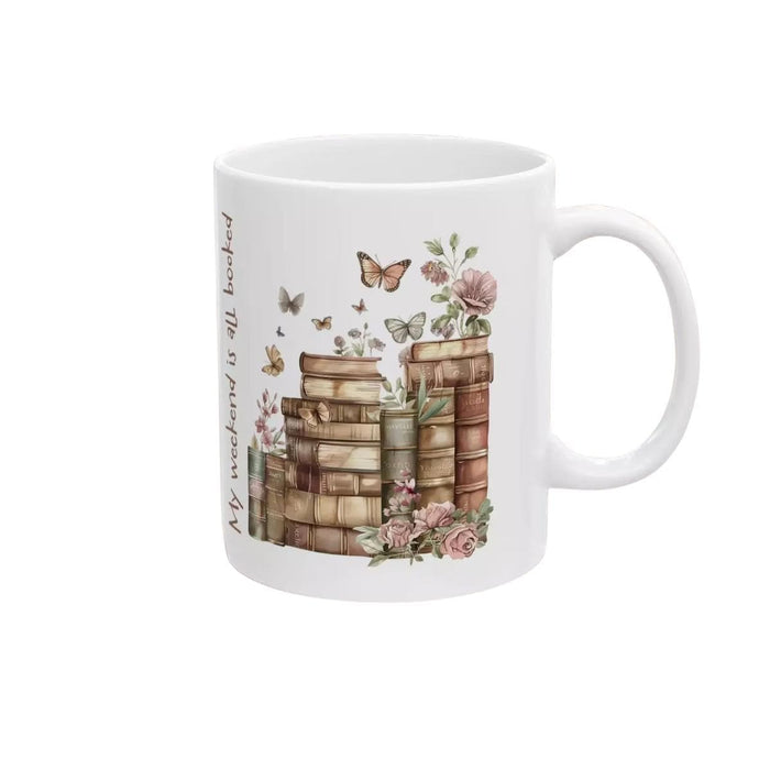 My Weekend Is All Booked Mug — Cozy Floral Book Lover Ceramic Coffee Cup