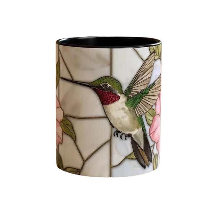Hummingbird Pink Peonies Coffee Mug • Floral Botanical Mug • Aesthetic Nature Lover Gift • Stained Glass Design