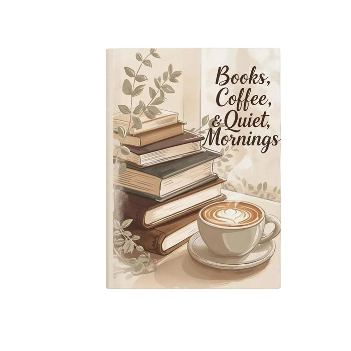 The image is a book cover with a stack of books, a cup of coffee, and a plant.