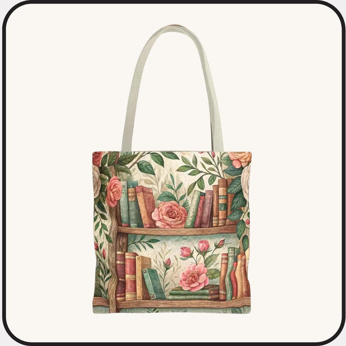 Tote Bag: Floral Bookshelf Design - Durable Polyester Carryall For Shopping and Books, 3 Sizes