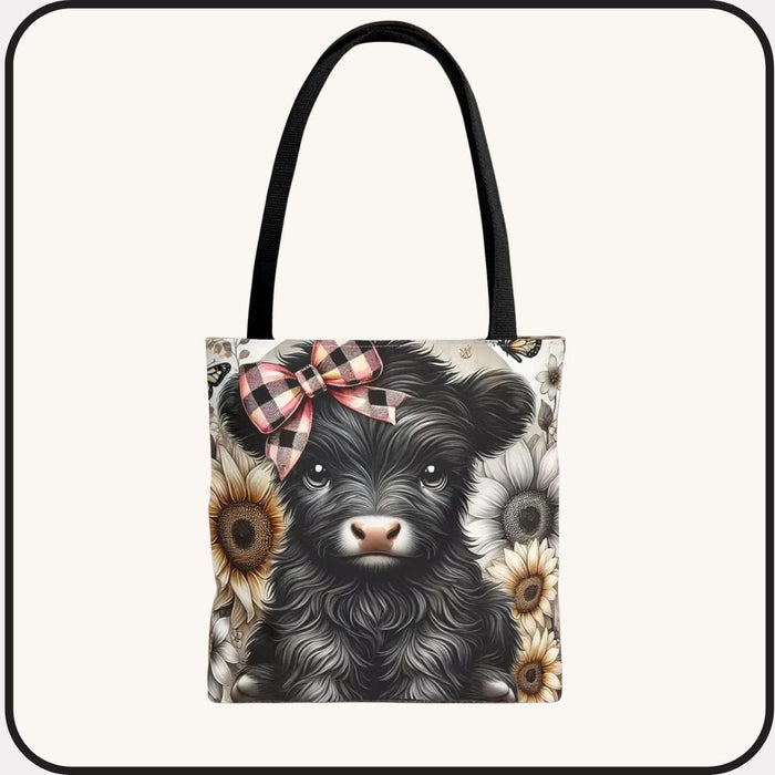 Highland Cow Floral Tote – Calf with Plaid Bow - Shopping Book Bag