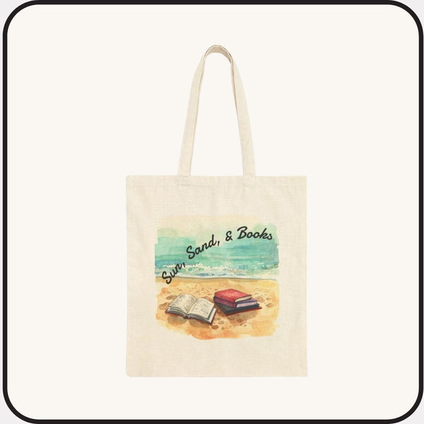 Sun, Sand, & Books Tote Bag  •  Cotton Canvas Book Lover Beach Bag • Reusable Heavy Duty  Reading Tote  •  Gift for Readers
