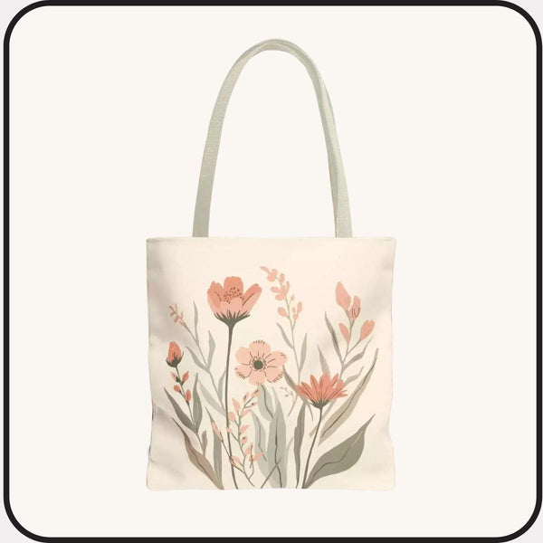 Floral Watercolor Tote Bag: Peach Wildflower Booklover Shopping Carryall (3 sizes)