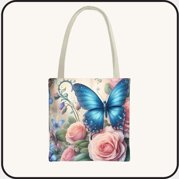 Butterfly Tote Bag, Floral Print, Blue and Pink Roses Books Shopping (Everyday Use)