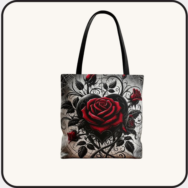 Gothic Floral Tote Bag, Heart & Roses Design (Multiple Sizes) Shopping Book Bag