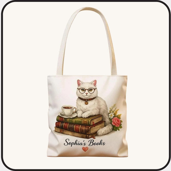 Personalized Booklover Cat Tote – Custom Name Tote Bag for Readers, Cute Cat & Books Design, Book Lover Gift, Library and Book Club Bag