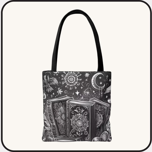Mystical Book Tote Bag \ Black White Illustration \ Dark Academia Witchy Bookish Gift for Her \ Whimsigoth BookTok \ Book Lover Library Bag