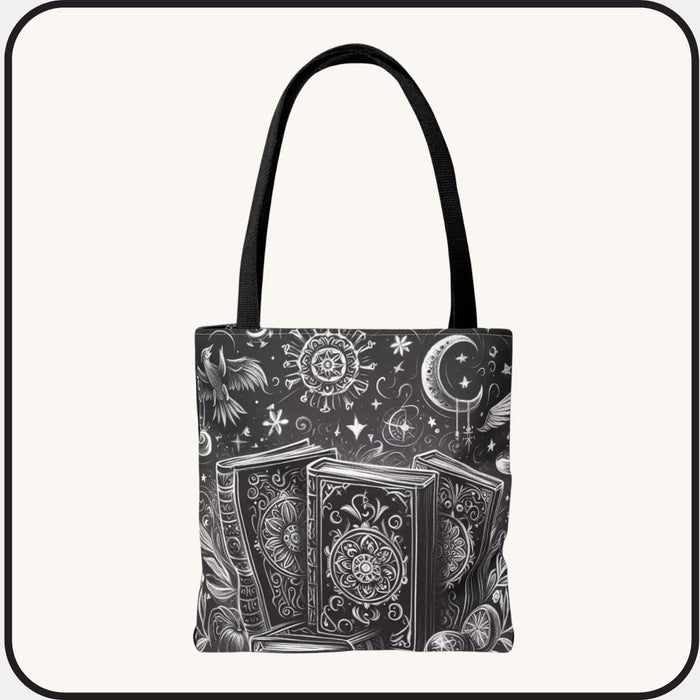 Mystical Book Tote Bag \ Black White Illustration \ Dark Academia Witchy Bookish Gift for Her \ Whimsigoth BookTok \ Book Lover Library Bag