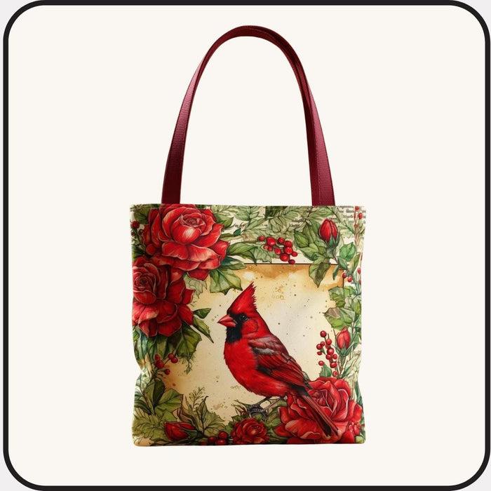 Cardinal Bird Floral Polyester Tote Bag, Holiday Book Bag