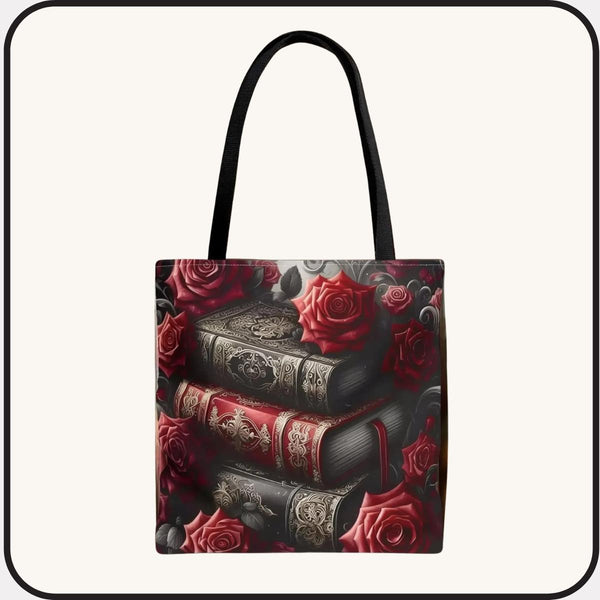 Dark Romance Roses and Books Tote Bag \ Gothic Bookish Gift for Her \ Romantasy BookTok \ Dark Floral Book Lover \ Vintage Library Bag
