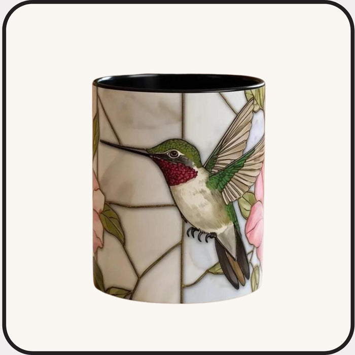 Hummingbird Pink Peonies Coffee Mug • Floral Botanical Mug • Aesthetic Nature Lover Gift • Stained Glass Design