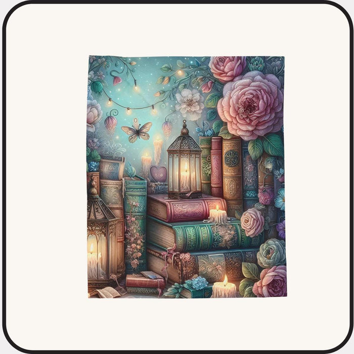 Book Lover Plush Blanket • Cozy Reading Throw • Lantern & Roses Bookish Blanket • Literary Gift for Readers