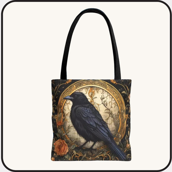 Gothic Raven Tote Bag • Victorian Crow Shopping Carryall Bag, Botanical Roses