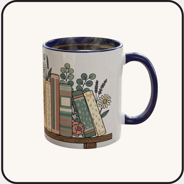 Floral Vintage Bookstack Mug • Literary Coffee Cup • Cottagecore Book Lover Gift