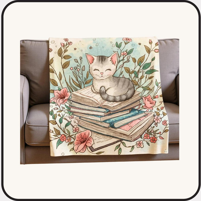 Cat on Books Blanket • Cozy Reading Nook Throw • Book Lover Gift