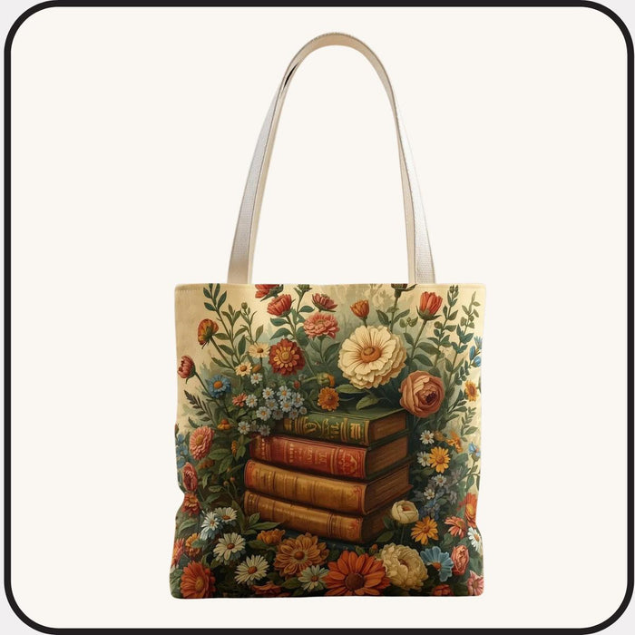 Floral Bookstack Tote Bag • Spring Literary Shopping Carryall Bag