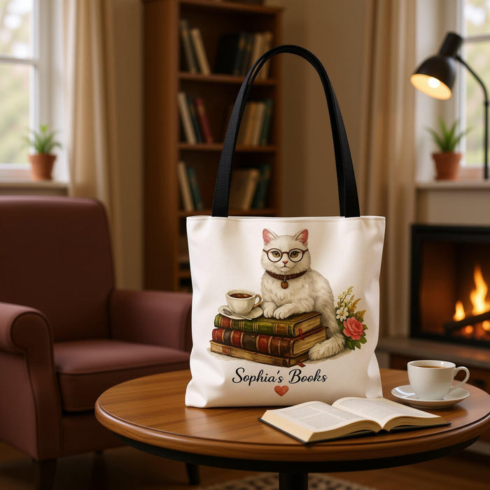 Personalized Booklover Cat Tote – Custom Name Tote Bag for Readers, Cute Cat & Books Design, Book Lover Gift, Library and Book Club Bag