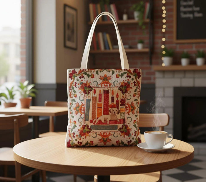 Bookish Dog Tote Bag – Vintage Quilted Look Print, Books & Dog Lover Gift, Library Aesthetic Tote