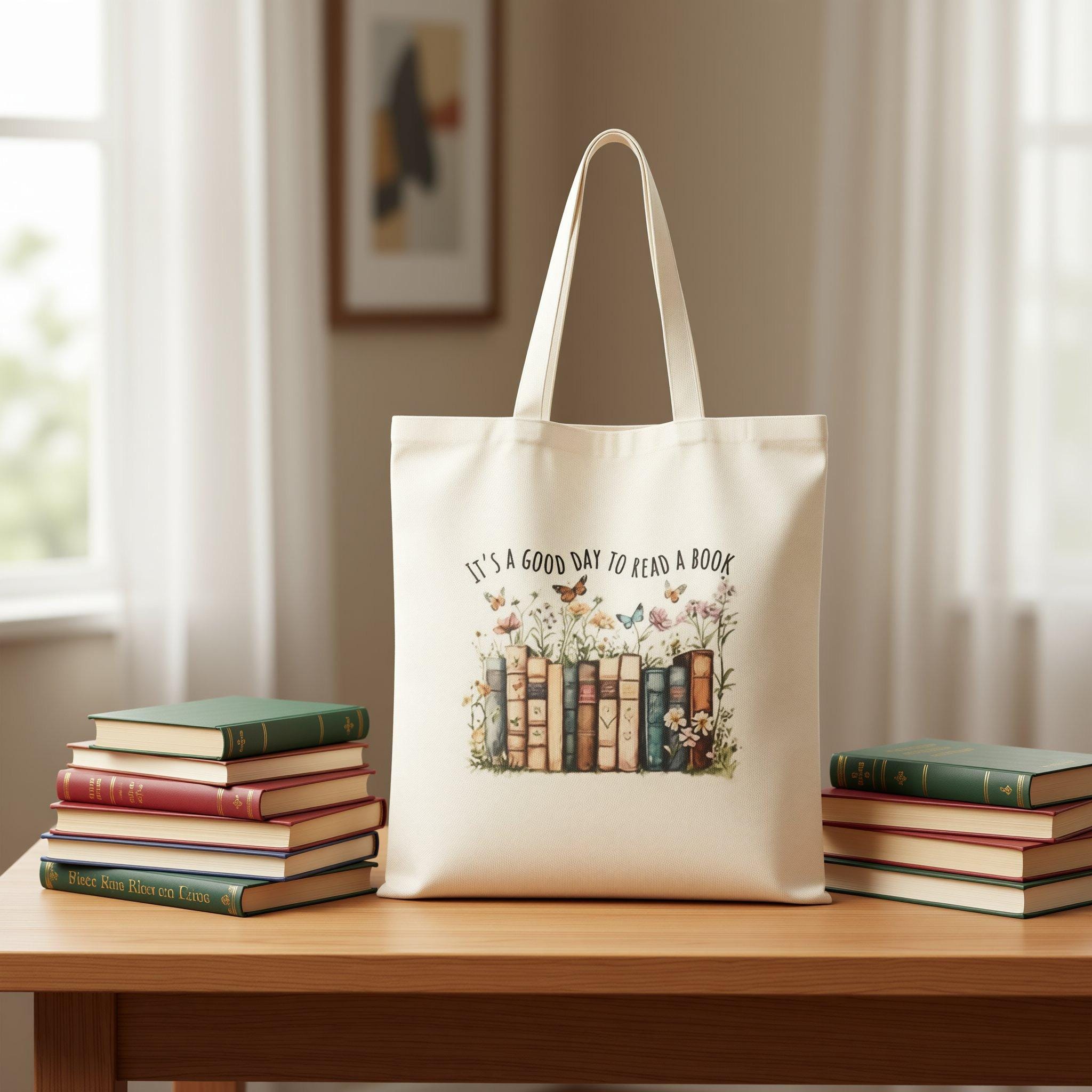 A beige tote bag with a printed design of a row of colorful books surrounded by flowers and butterflies.