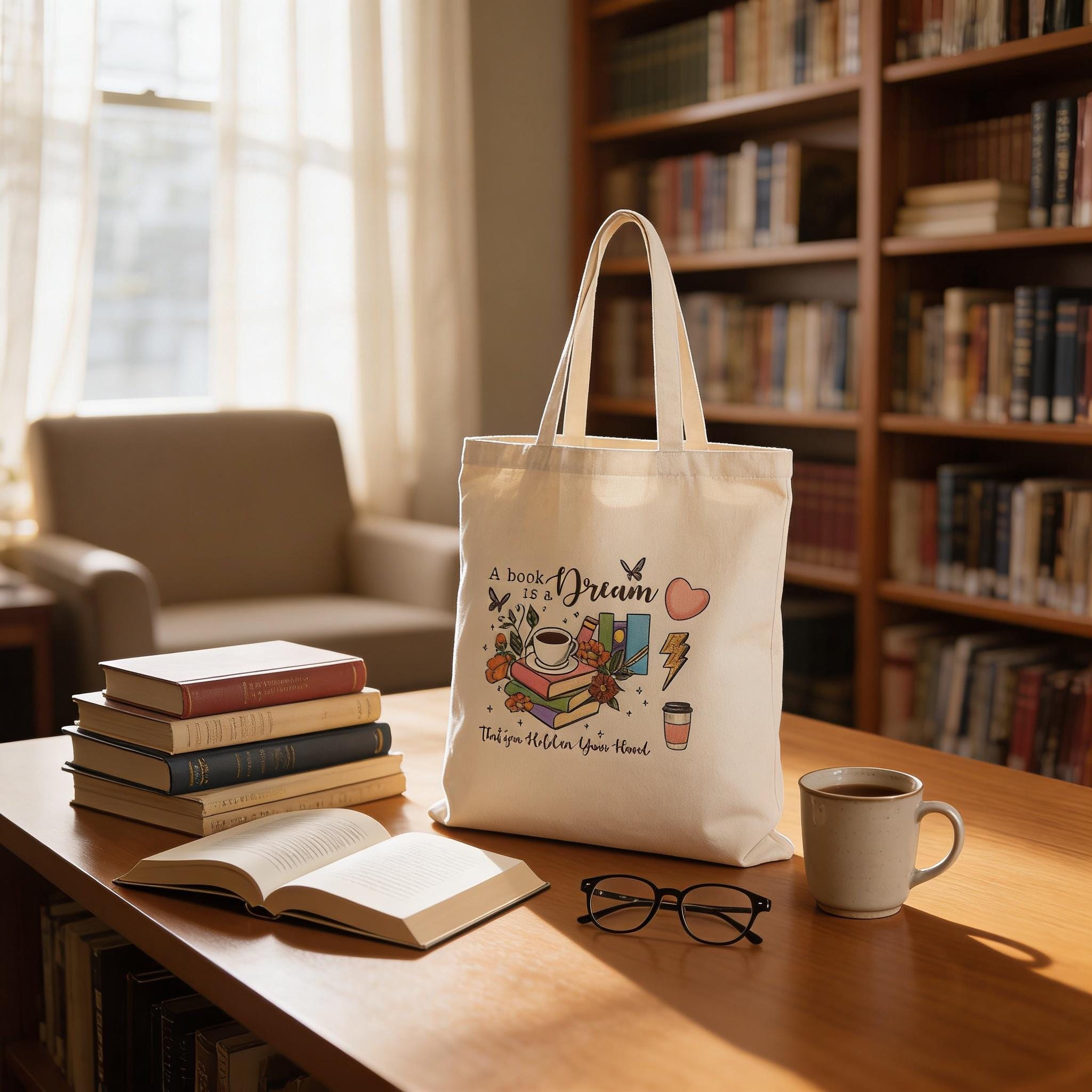 A cozy library scene with a stack of books, a white tote bag with a book-themed design, a pair of glasses, and a cup of coffee on a wooden table.