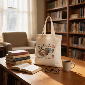 A cozy library scene with a stack of books, a white tote bag with a book-themed design, a pair of glasses, and a cup of coffee on a wooden table.