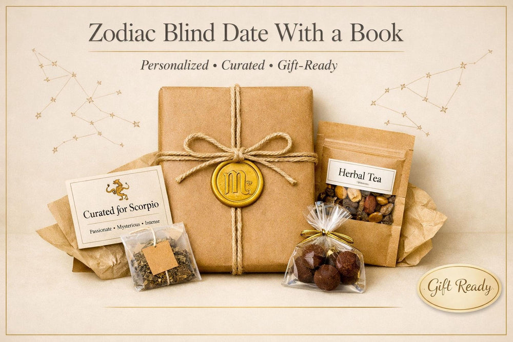 a personalized gift set with a book, herbal tea, and other items wrapped in brown paper, arranged on a white background.