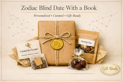 a personalized gift set with a book, herbal tea, and other items wrapped in brown paper, arranged on a white background.
