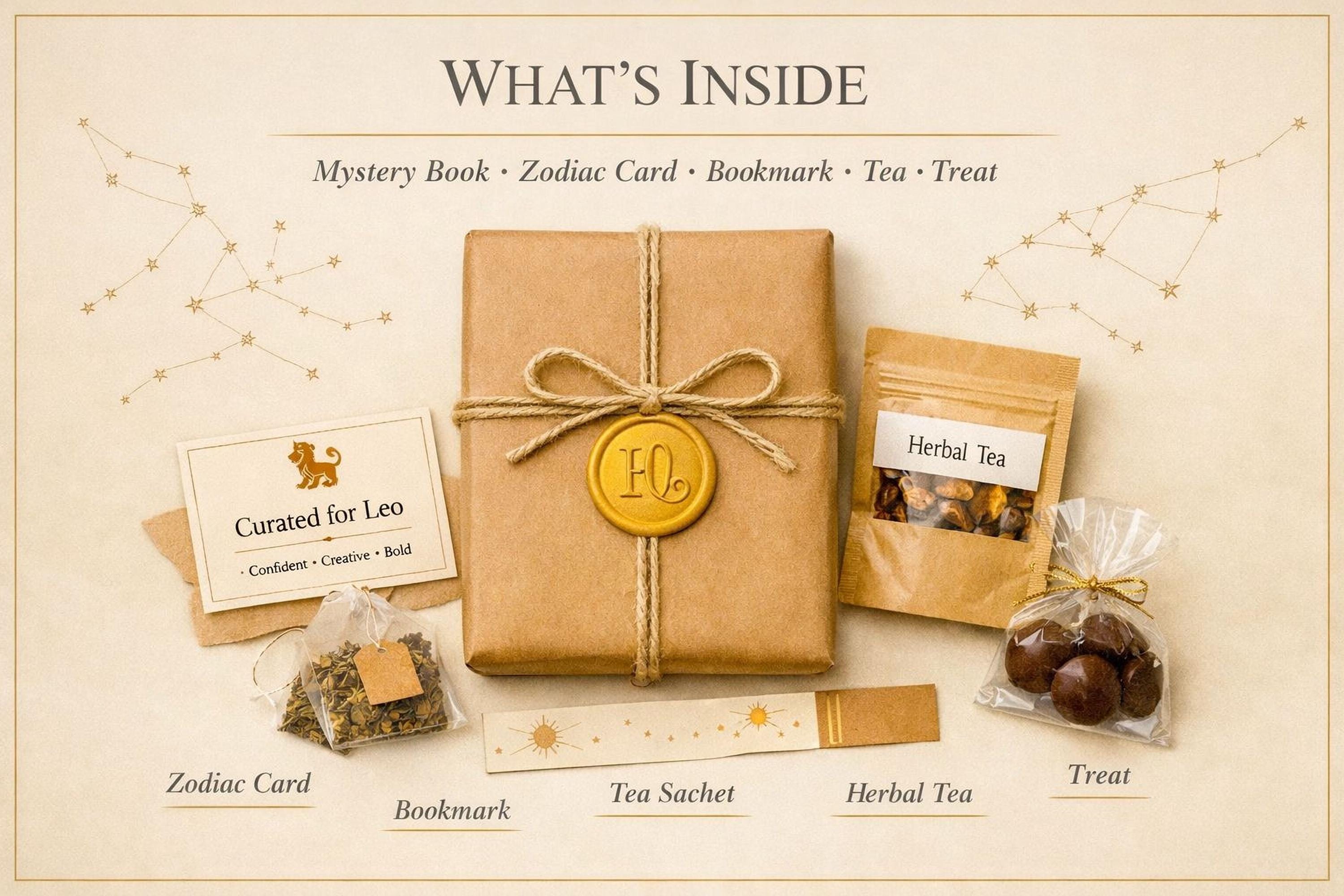 The image is a collection of items related to astrological signs, including a mystery book, zodiac card, bookmark, tea sachet, herbal tea treat, and a zodiac card.
