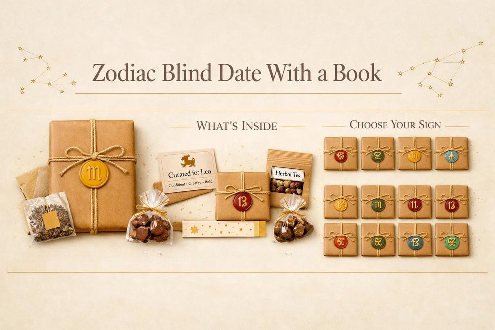 The image is a promotional graphic for a product called "Zodiac Blind Date With a Book". It features various items related to the product, including a book, tea bags, and a series of numbered boxes with zodiac signs.