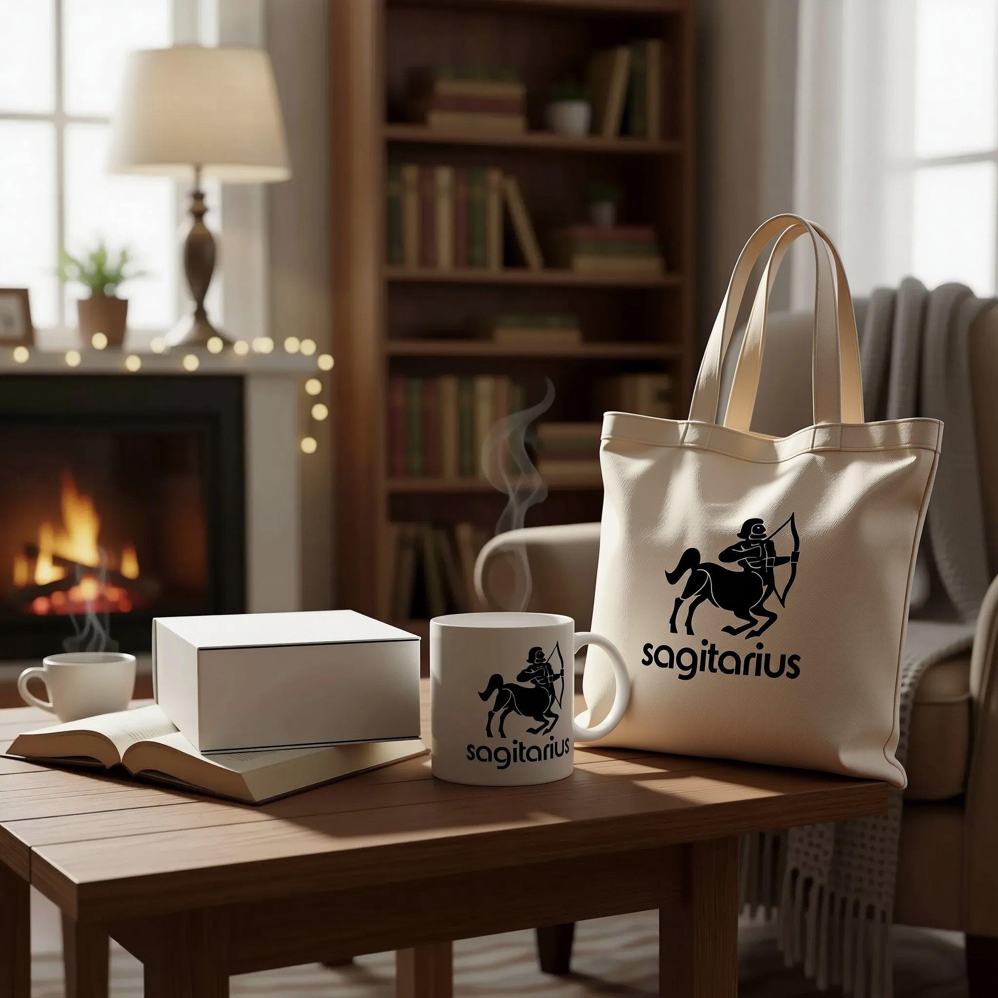 A white ceramic mug with a black silhouette of a Sagittarius zodiac sign and the word " Sagittarius" printed on it.