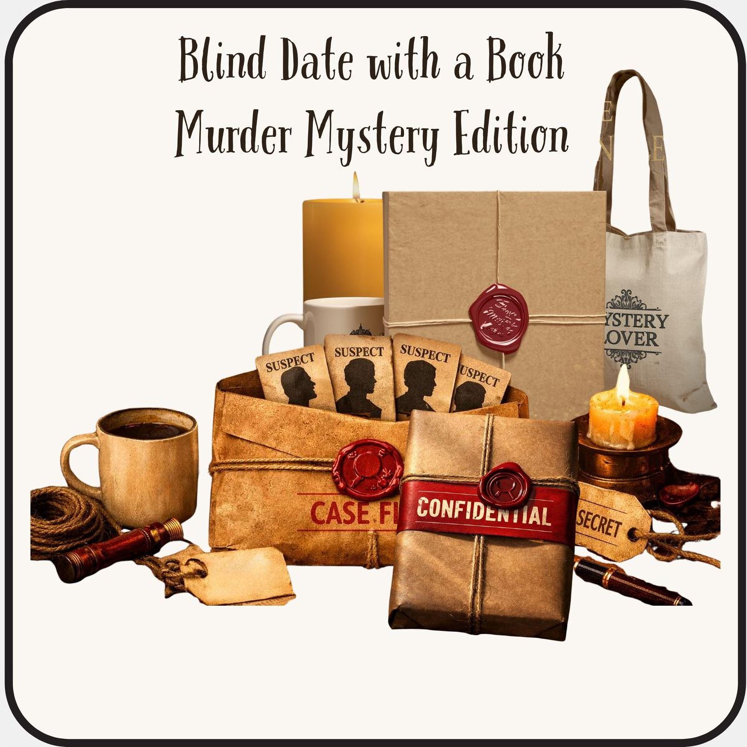 The image is a collage of various items related to a mystery, including a book, a mug, a candle, a bag, and other objects, all arranged in a visually engaging manner.
