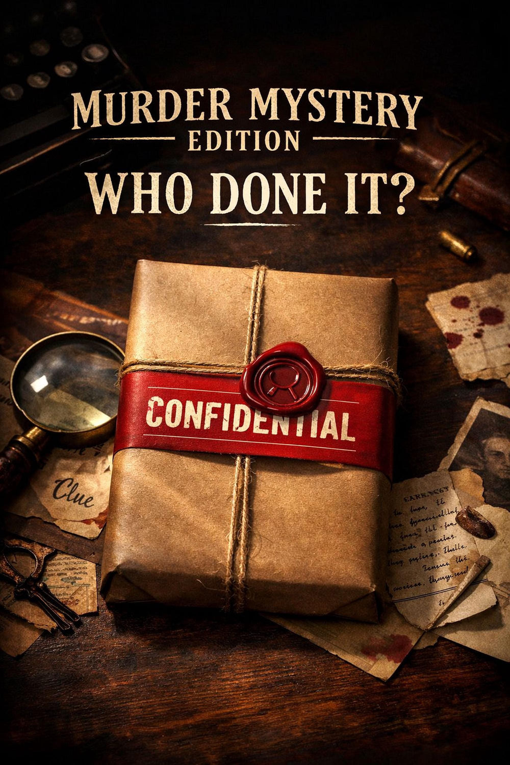 The image is a poster for a "Murder Mystery Edition" featuring a wrapped package with a red wax seal, a magnifying glass, and various clues and documents on a wooden surface.