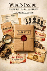 The image is a poster for a "What's Inside" mystery-solving game, featuring various clues, evidence, and a sealed envelope labeled "Case File" with a red wax seal.