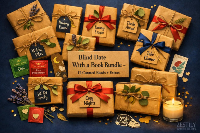 A collection of wrapped books and reading materials, including a "Blind Date With a Book Bundle" that includes 12 curated books and extra items, presented in a visually appealing manner.