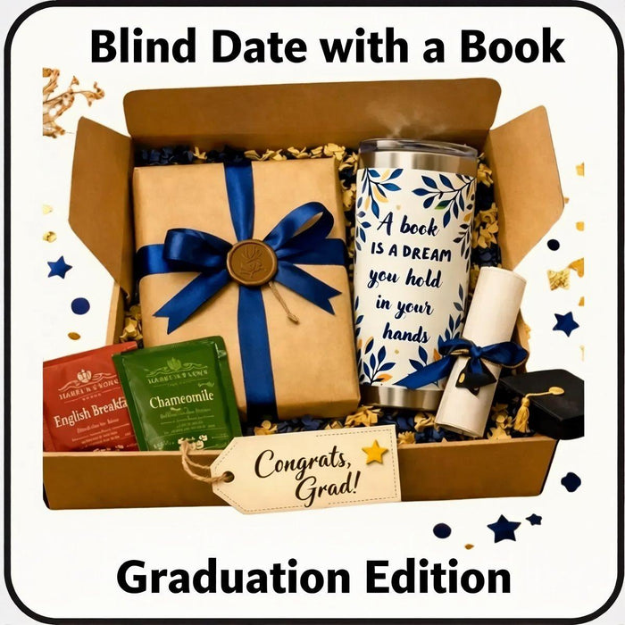The image is a graduation gift box containing a book, a mug, and some tea bags, along with a congratulatory card and confetti.