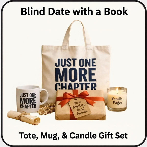 a gift set consisting of a tote bag, a mug, and a candle, all with the text "Blind Date with a Book" printed on them.