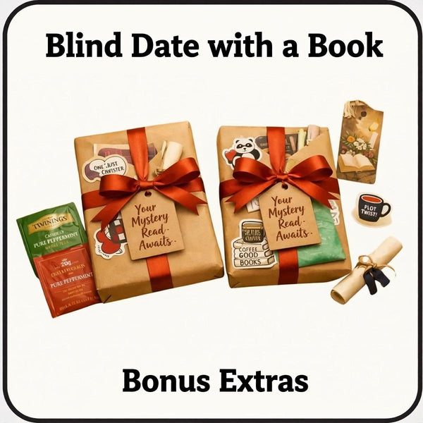 two wrapped books with red ribbons, along with various items such as tea bags, a mug, and a scroll. The text overlay reads "Blind Date with a Book" and "BONUS Extras".
