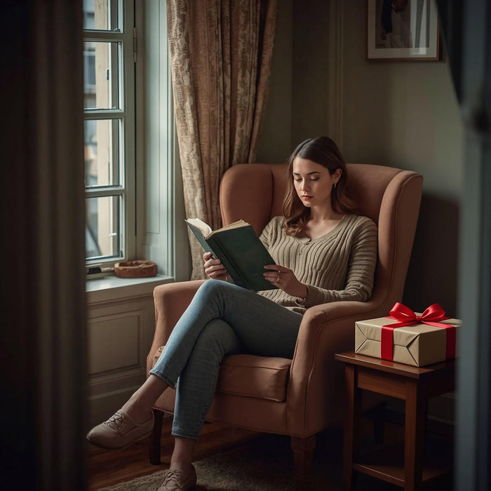 two wrapped books with red ribbons, along with various items such as tea bags, a mug, and a scroll. The text overlay reads "Blind Date with a Book" and "BONUS Extras".