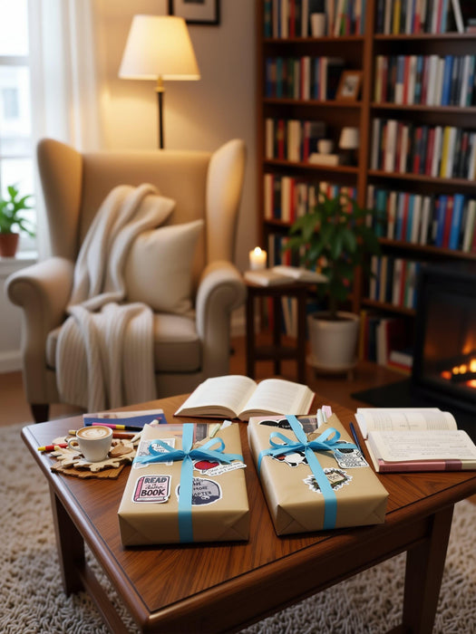 two wrapped books with red ribbons, along with various items such as tea bags, a mug, and a scroll. The text overlay reads "Blind Date with a Book" and "BONUS Extras".