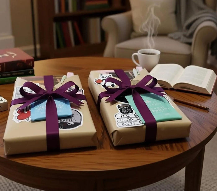 two wrapped books with red ribbons, along with various items such as tea bags, a mug, and a scroll. The text overlay reads "Blind Date with a Book" and "BONUS Extras".