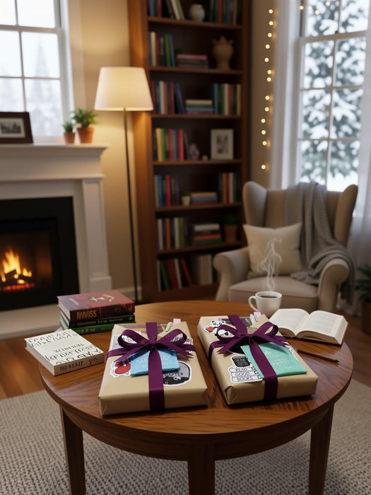 two wrapped books with red ribbons, along with various items such as tea bags, a mug, and a scroll. The text overlay reads "Blind Date with a Book" and "BONUS Extras".