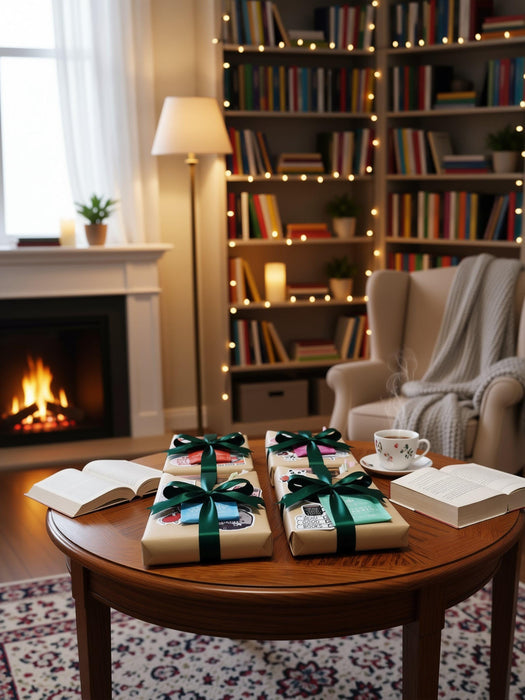two wrapped books with red ribbons, along with various items such as tea bags, a mug, and a scroll. The text overlay reads "Blind Date with a Book" and "BONUS Extras".
