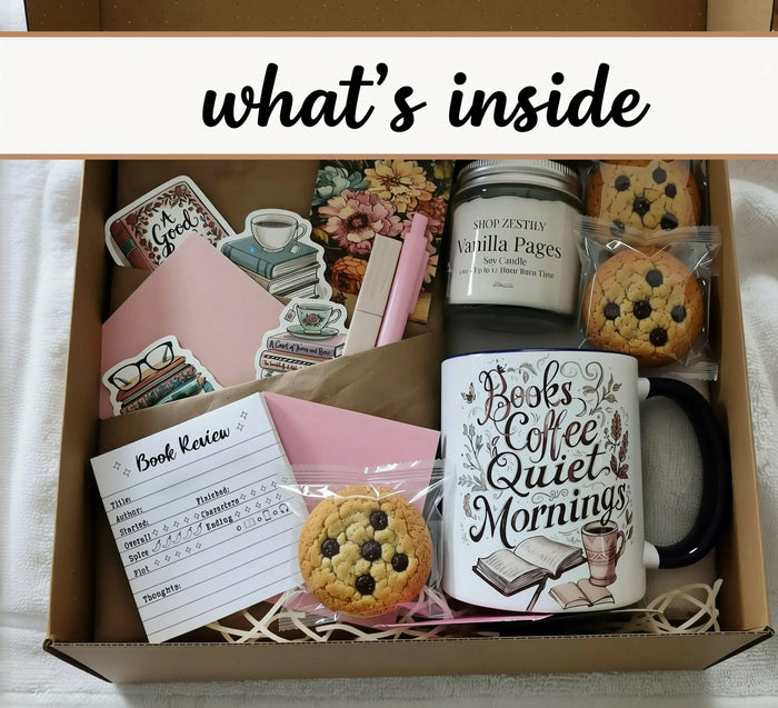 The image is a gift set consisting of a book, a mug, and a candle, with a tag that reads "For You".
