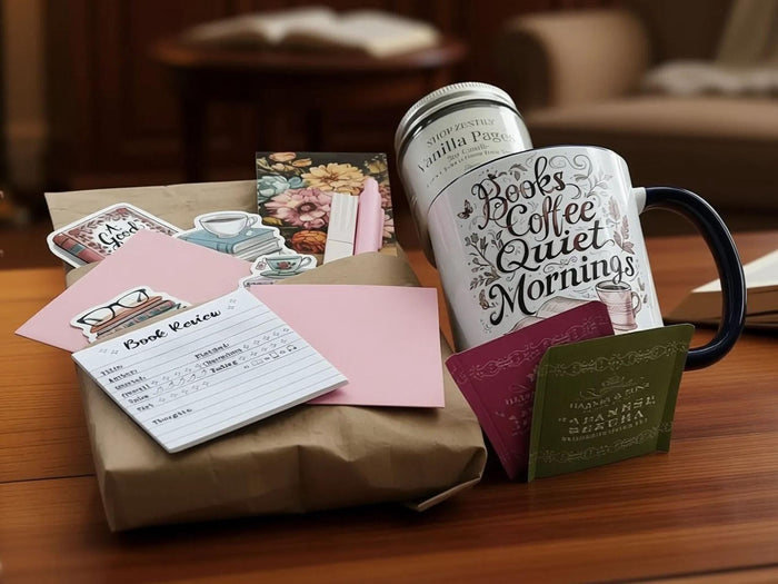 The image is a gift set consisting of a book, a mug, and a candle, with a tag that reads "For You".