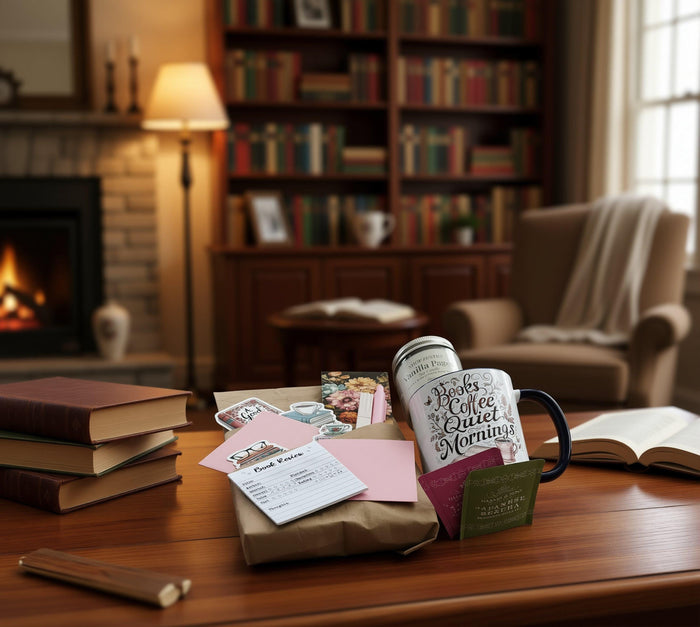 The image is a gift set consisting of a book, a mug, and a candle, with a tag that reads "For You".