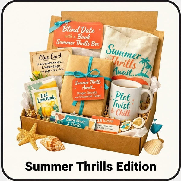 A box filled with various summer-themed items, including a book, a mug, a puzzle, and other beach-related objects, along with a sign that says "Summer Thrills Edition".