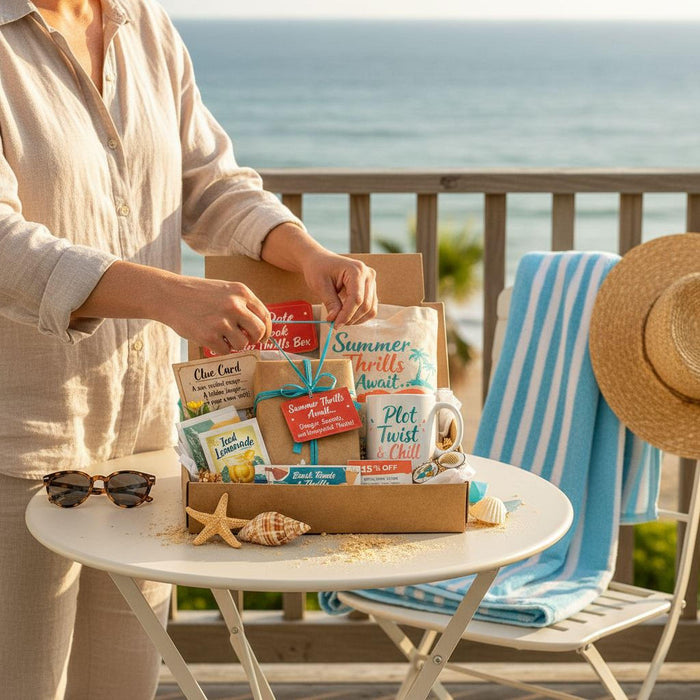 A box filled with various summer-themed items, including a book, a mug, a puzzle, and other beach-related objects, along with a sign that says "Summer Thrills Edition".